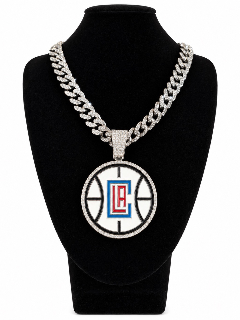 Iced Out LA Clippers NBA Logo Cuban Link Pendant Necklace - White, Red, Blue